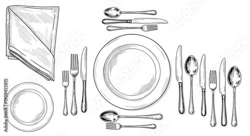 Detailed black and white engraving style illustration of a formal table setting with plates and various cutlery.