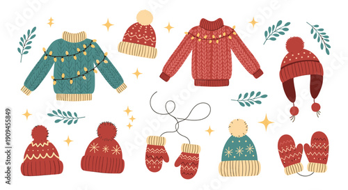 Collection of winter themed apparel illustrations including cozy sweaters, warm hats, and mittens in red and teal.