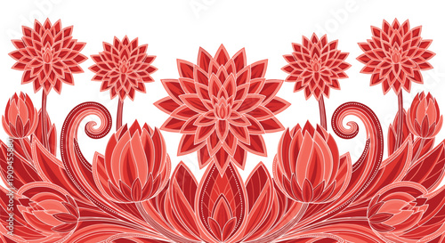 Symmetrical horizontal floral design featuring large red lotus flowers and decorative scrolling leaf patterns.