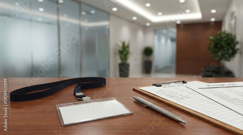 Blank ID badge with lanyard on office reception desk, visitor registration concept