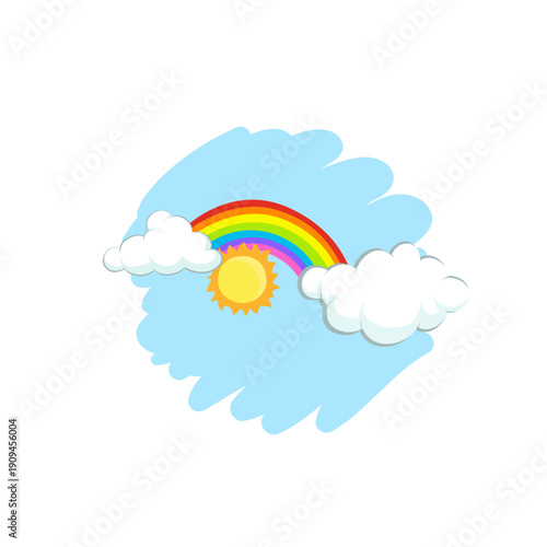 Colorful Cartoon Rainbow with Sun and White Clouds on Blue Sky Background Vector Illustration for Kids Nursery and Weather Design