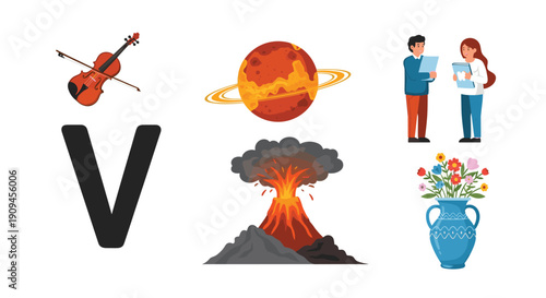 Educational illustration showing various objects starting with the letter V including violin, Venus, and vase.