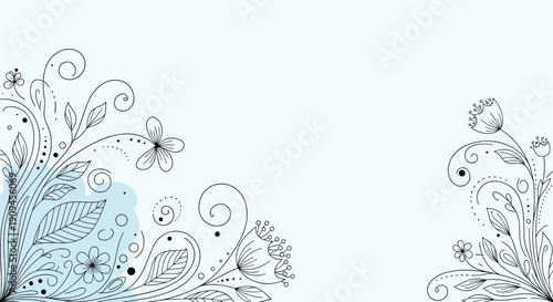Delicate floral corner and side decorations in black line art with light blue watercolor style spots for card.