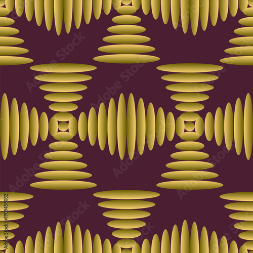 Seamless background pattern. Abstract geometric pattern in yellow shades on a burgundy background. Vector image with a repeating combination of volumetric elliptical shapes. Can be used as wallpaper, 