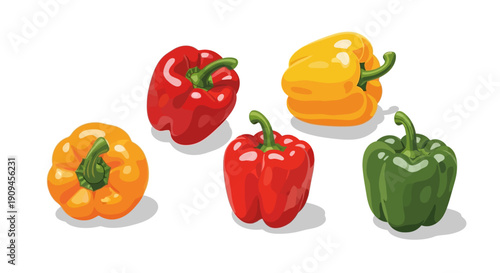 Colorful Illustration of Fresh Bell Peppers in Red Yellow Orange and Green.