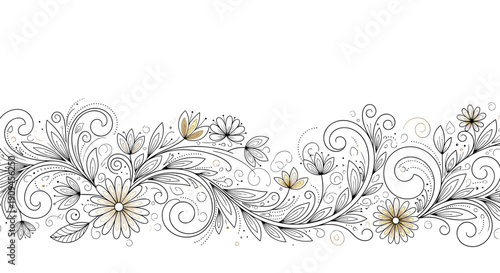 Elegant horizontal floral scroll border in black line art with delicate gold colored accents on some flowers.