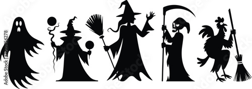 Halloween silhouettes set, ghost icon, witch with broom, grim reaper with scythe, spooky characters, rooster parody, black silhouette Halloween illustration collection