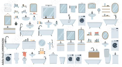 Collection of bathroom equipment and accessory flat icons including bathtubs, sinks, mirrors, and washing machines for home interior design.
