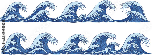 Two rows of stylized blue ocean waves with white foam and crests water