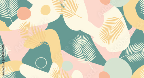 Abstract seamless pattern featuring palm leaves and soft organic geometric shapes in a pastel color palette for fashion and textile design.