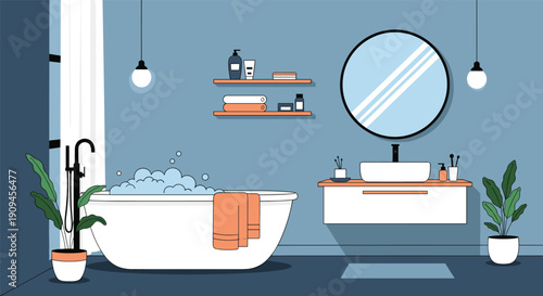 Modern bathroom interior design with white bathtub, round mirror, vanity sink, and indoor plants in a stylish blue and orange color scheme.