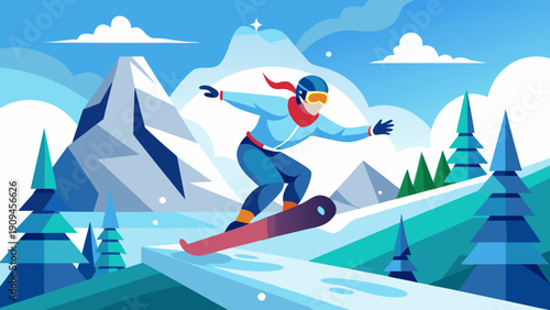 Snowboarder In Winter Mountain Illustration