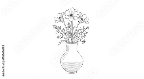 Simple black and white line art illustration of a bouquet of flowers in a glass vase for minimalist home decor and coloring pages.