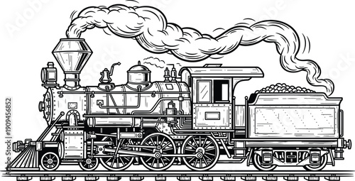 Vintage steam locomotive with coal car on railroad tracks train antique