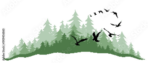 A pixel landscape with forest and flight of birds.
