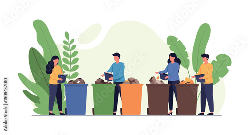 Group of people actively sorting trash into color coded recycling bins in front of lush green plants for environmental awareness.