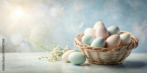 Pastel-colored eggs nestled in a wicker basket, adorned by delicate spring blossoms, a serene springtime tableau.