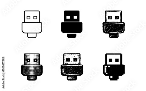 Collection of six USB flash drive icons in various artistic styles and textures