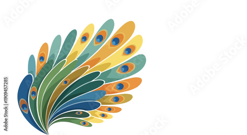 Vibrant Peacock Feather Illustration on White Background from Close-up Viewpoint