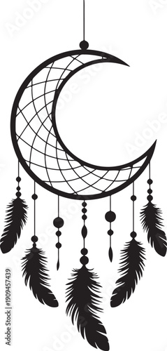 Black crescent moon dream catcher with feathers on transparent background vector illustration