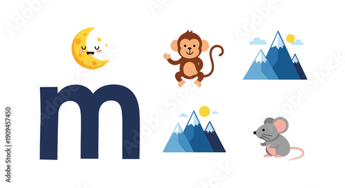 Alphabet education illustration for the letter M including icons of the moon, monkey, mountains, and a mouse for children learning materials.