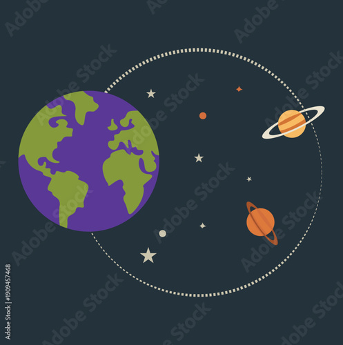 Space exploration concept illustration. Scene with planet Earth, orbiting planets and stars representing solar system and outer space universe. Vector illustration.