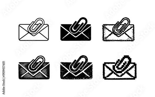 Collection of six different styles of email attachment icons with paperclip on white background