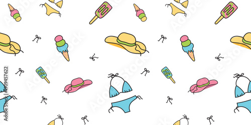 Cute Beach Fashion and Ice Cream Seamless Summer Pattern