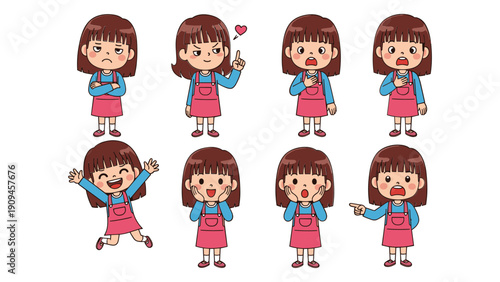 A collection of cartoon girls displaying a range of emotions happiness sadness confusion and surprise all with similar designs high quality professional detailed modern elegant