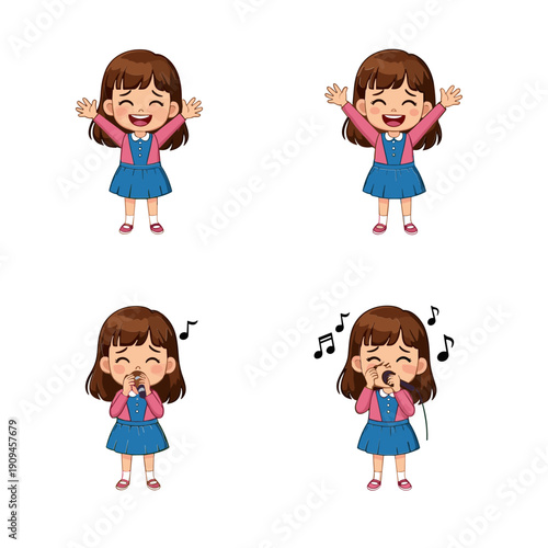 A cheerful illustration depicts a young girl expressing joy and excitement through various poses including open arms and singing with a microphone high quality professional