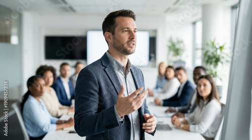 Male presenter engaging audience in bright conference room, speaking passionately, business presentation, team meeting, corporate event, modern office, dynamic, modern