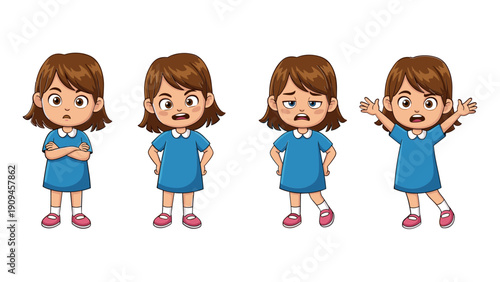 This illustration showcases a young girl displaying a range of four distinct emotions anger surprise sadness and helplessness high quality professional detailed modern elegant stylish