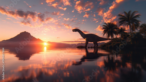 A dinosaur is walking on a beach near a sunset