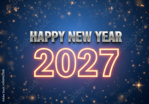 A festive Happy New Year 2027 graphic with sparkling stars and lights
