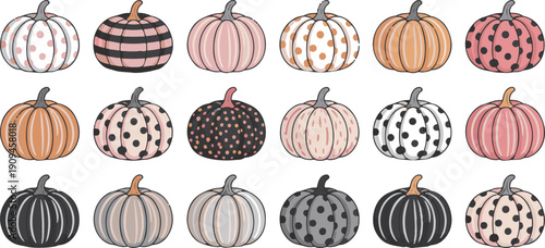 Set of cute cartoon pumpkins with polka dots stripes and checkered patterns for autumn harvest