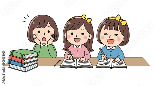 Three young girls are seated at a wooden desk studying and writing with focused expressions and cheerful attitudes high quality professional detailed modern elegant stylish