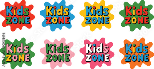 Colorful burst shapes with text kids zone for children play area sign