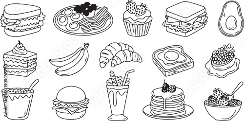 Hand drawn sketch icons of various breakfast food items and desserts on transparent background, simple line art food illustrations