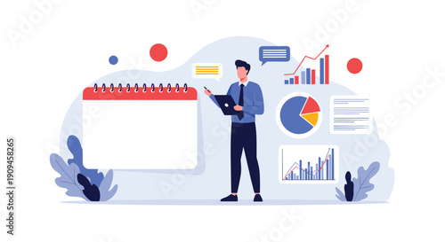 Professional businessman standing next to a large blank calendar while analyzing various data charts and financial graphs in the background.