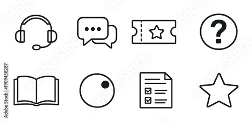 Black outline icons on gray background: headset, chat, ticket, information, book, poll, document, star