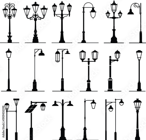 Collection of vintage street lamp silhouettes isolated on white background, urban outdoor lighting poles set, decorative city lamppost icons illustration for design projects