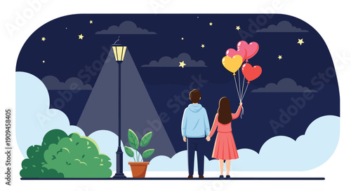 Romantic illustration of a couple standing together on a starry night holding heart-shaped balloons under the soft glow of a street lamp.
