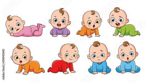 A collection of cartoon babies in various outfits and poses depicts different stages of early childhood development and emotional expressions high quality professional detailed modern