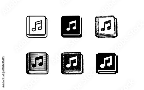 Collection of music book icons with different styles and textures