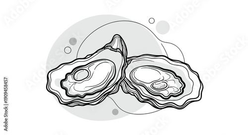 Detailed illustration of two open oysters in their shells with pearls depicted in a modern graphic style against soft background circles.
