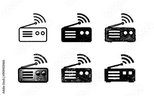 Collection of vintage radio icons with different artistic styles and textures