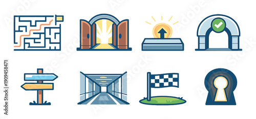 Maze challenge icons: paths, doors, arrows, bridges, and keyhole symbols