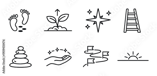 Simple black line icons: nature, growth, guidance, progress