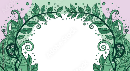 Ornamental leafy archway design with swirling green vines and delicate patterns on a soft pastel background for a whimsical fairy tale look.