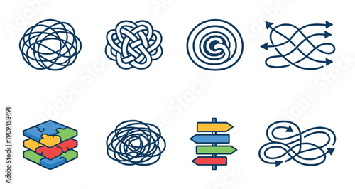 Complex maze and puzzle icons set with directional signs